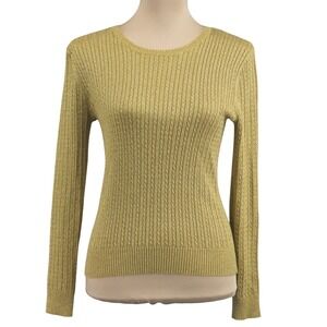 Lauren Ralph Lauren Cable Knit Metallic Sweater Crewneck‎ Ribbed Gold Size PL